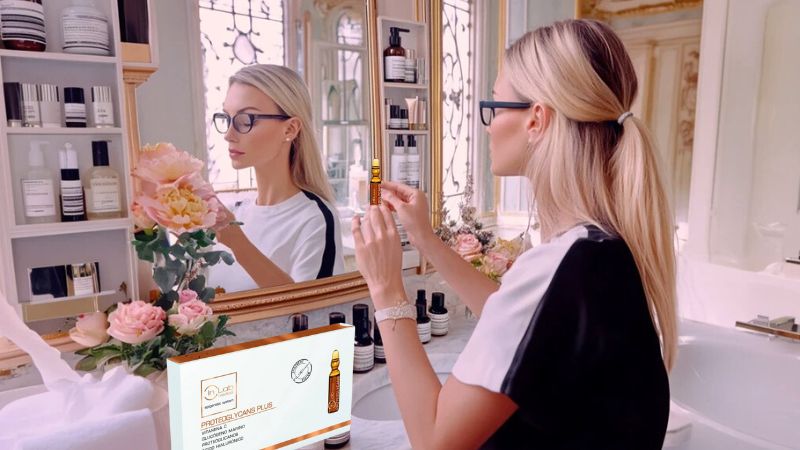 Sérum na pleť používá zákaznice doma před zrcadlem